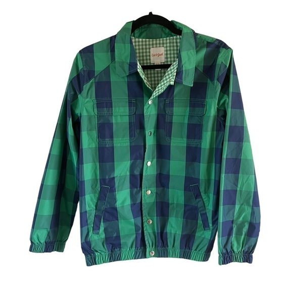 Cat and Jack Windbreaker Raincoat Jacket blue and green checked EUC size 16 XL - Picture 1 of 9